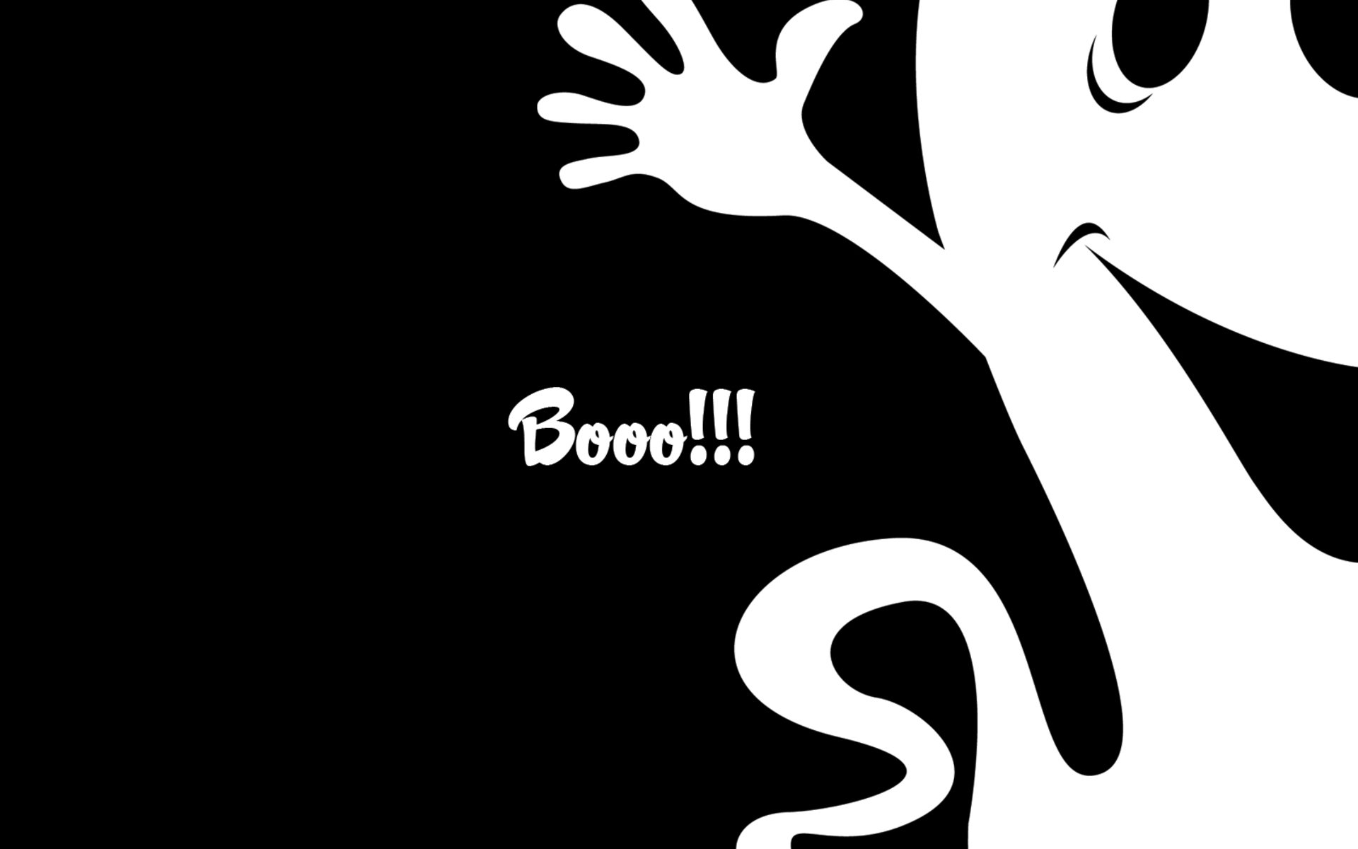 Funny HD PC desktop wallpaper and background: playful white ghost on black background waving and saying 'Booo!!!'