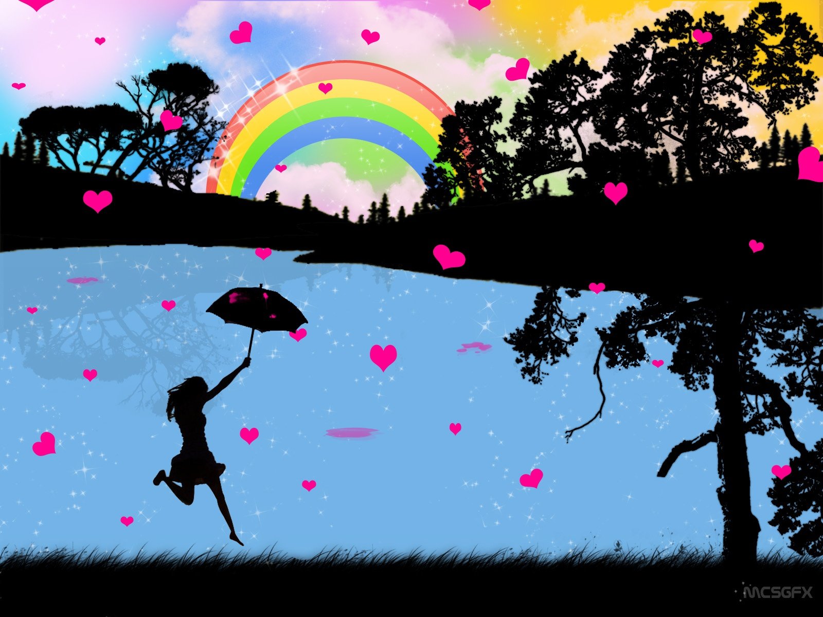 A vibrant artistic wallpaper featuring a silhouette of a girl with an umbrella, dancing by a serene lake adorned with pink hearts and a colorful rainbow in the background.
