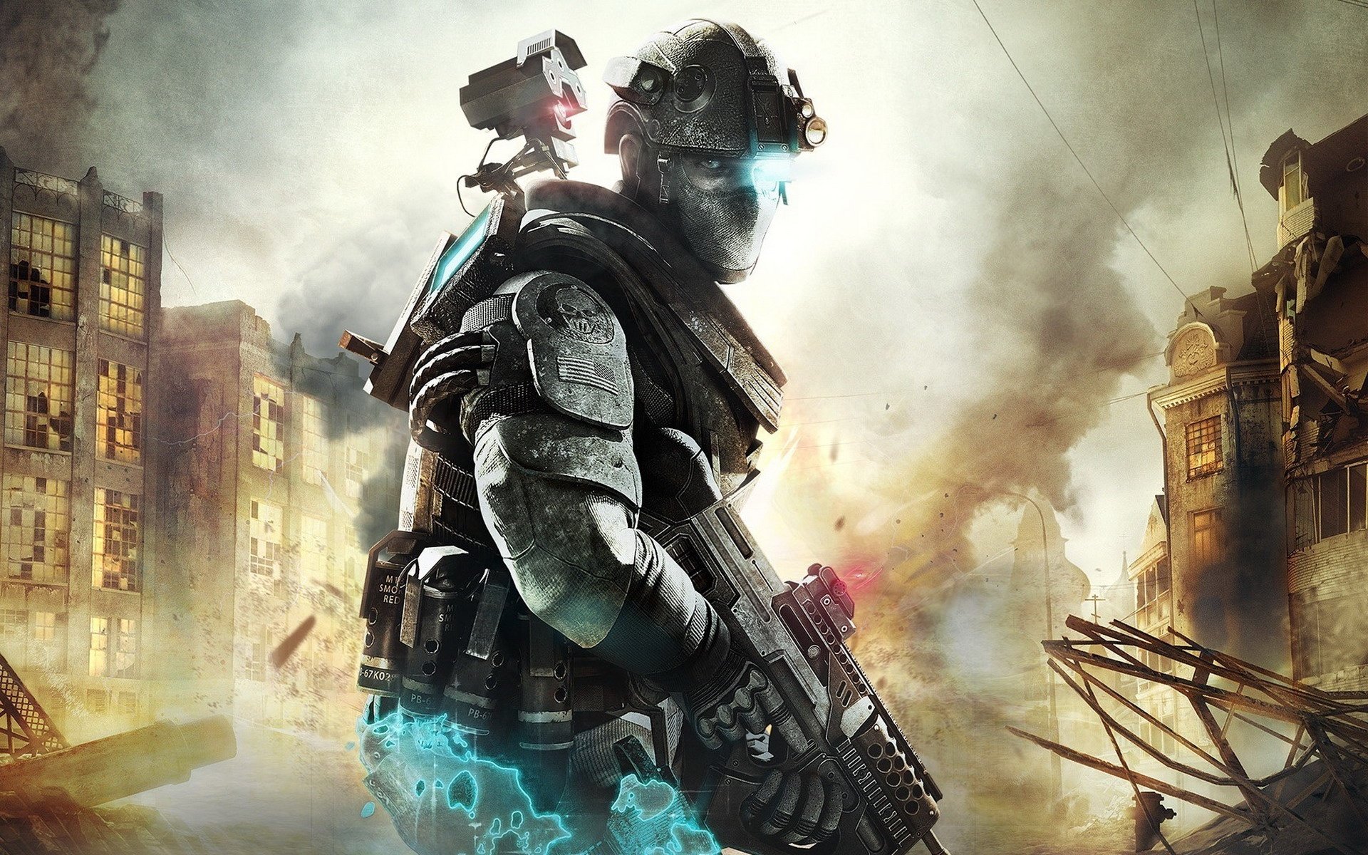 A dynamic HD wallpaper featuring a soldier from Call of Duty: Black Ops II, set against a dramatic background of urban destruction and chaos.