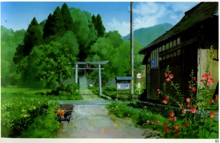 HD desktop wallpaper featuring a serene, lush countryside from Studio Ghibli's Only Yesterday, showcasing vibrant flowers, a traditional torii gate, and a rustic house against a backdrop of green trees and mountains.
