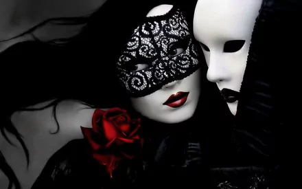 A striking HD desktop wallpaper featuring a dark-haired woman adorned with a lace mask and a dramatic red rose, engaged closely with a faceless figure in an enigmatic atmosphere.