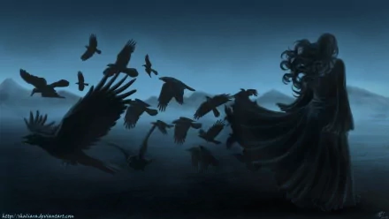 HD desktop wallpaper depicting a dark, silhouetted woman with flowing hair and dress, surrounded by a flock of blue-black crows in a moody nighttime scene.