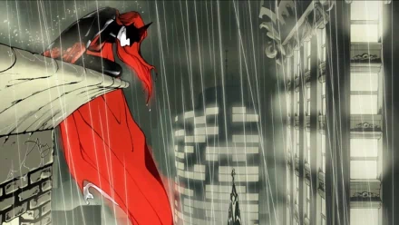 Comic Batwoman HD PC desktop wallpaper and background — Batwoman in a flowing red cape stands on a rain-soaked rooftop, city skyline blurred in the downpour.