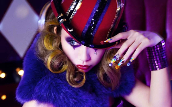 HD PC desktop wallpaper: glamorous female pop singer in theatrical makeup, striped sequin hat, fur stole and jeweled nails — vivid music-themed portrait with a stage-like vibe.