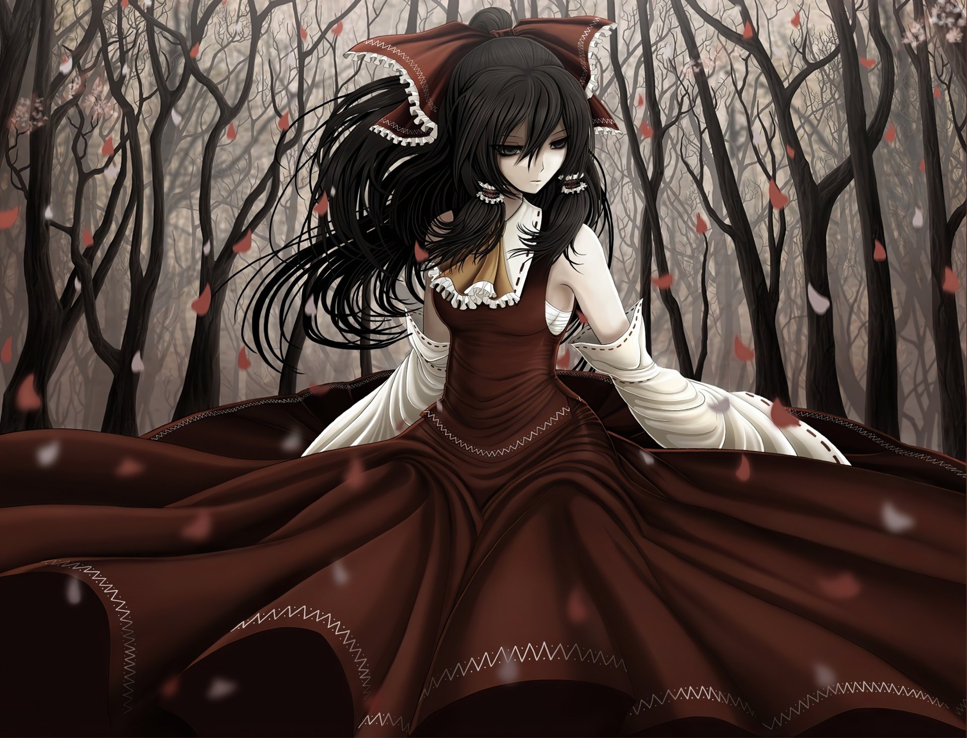 Anime HD desktop wallpaper featuring Reimu Hakurei from Touhou, dressed in a red gown with flowing black hair, set against a background of an eerie forest with falling leaves.
