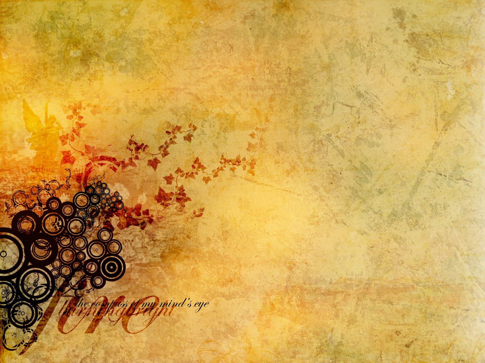 A vibrant yellow artistic background featuring intricate black circular designs and a hint of red foliage, designed as an HD PC desktop wallpaper.