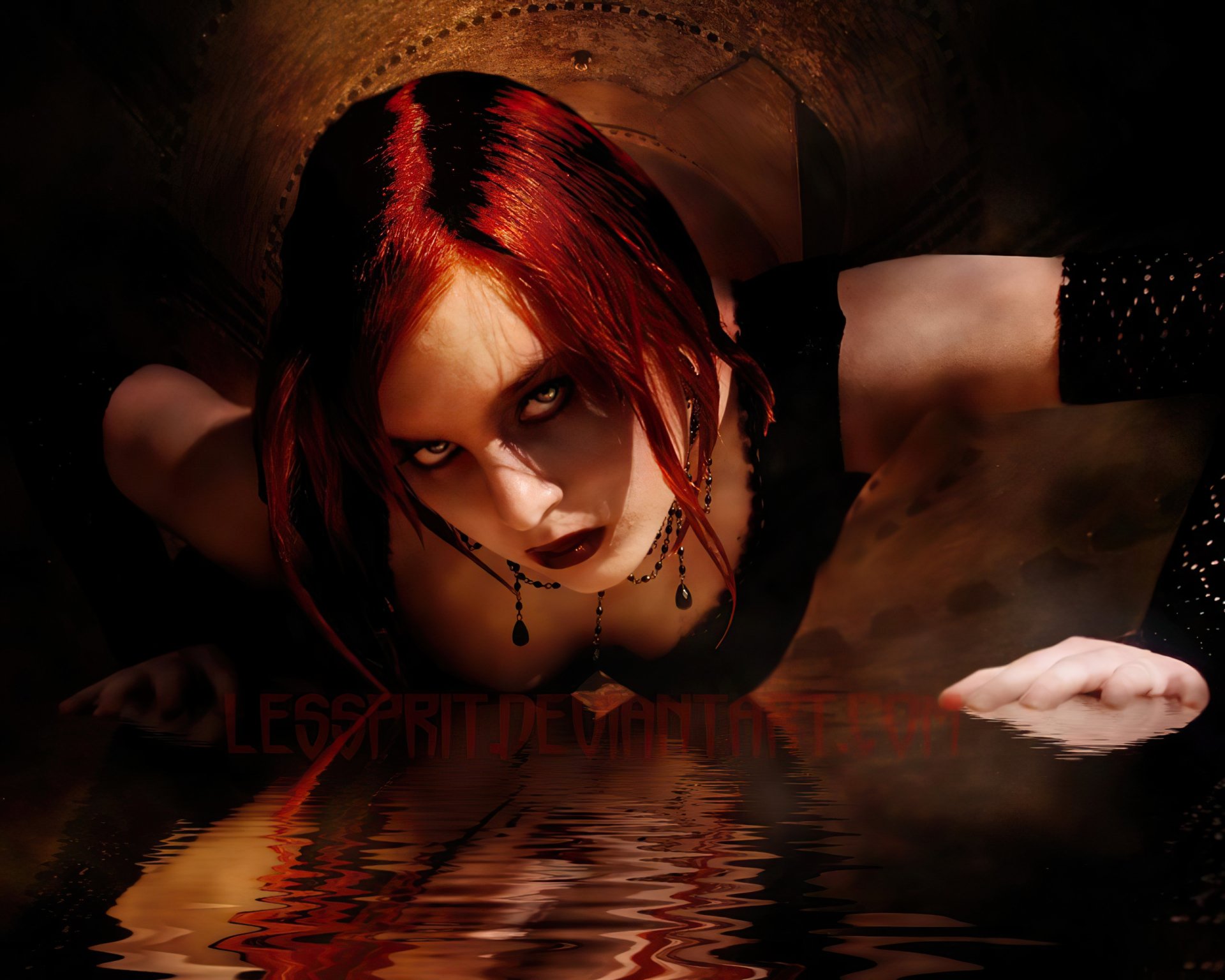 A striking dark-themed HD wallpaper featuring a woman with piercing eyes and vivid red hair, evoking a sense of mystery and allure against a shadowy background.