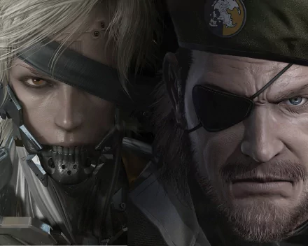 2K Quad HD video game desktop wallpaper: close-up of Metal Gear Solid's Big Boss (eyepatch) and Metal Gear Rising's cyborg Raiden, intense stares.