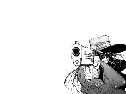 HD desktop wallpaper of a character from Hellsing anime, wearing a hat and sunglasses, pointing a large gun directly at the viewer against a stark white background.