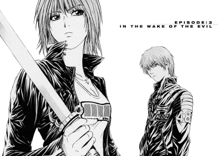 Black-and-white Tokko anime 2K Quad HD PC desktop wallpaper: woman holding a sword in foreground, man in jacket behind her, minimalist high-contrast manga art.