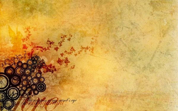 A vibrant yellow artistic background featuring intricate black circular designs and a hint of red foliage, designed as an HD PC desktop wallpaper.