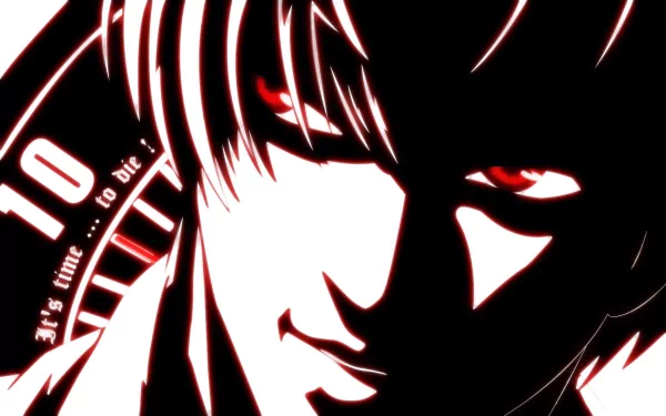 HD desktop wallpaper featuring Light Yagami from Death Note, showcasing intense red eyes and dramatic shadowing, with a menacing clock that reads 10 It's time... to die!