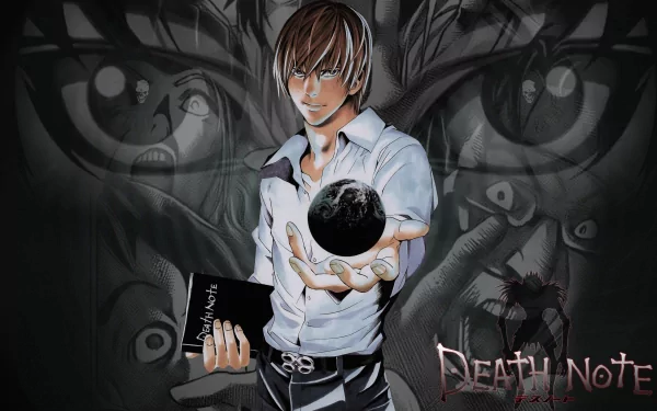 HD desktop wallpaper featuring Light Yagami from the anime Death Note, holding a book and a black sphere, with intricate background artwork and the Death Note logo.