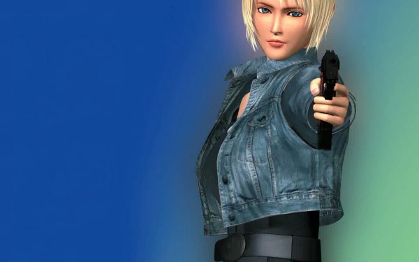 HD PC desktop wallpaper featuring a character from the video game Parasite Eve aiming a handgun against a blue and green gradient background.