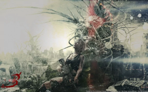 HD PC desktop wallpaper/background from the video game Parasite Eve: a woman entwined in bio-organic tendrils and flowers amid a ruined city, dark sci‑fi horror atmosphere.