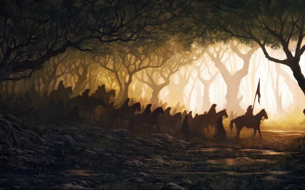 HD fantasy desktop wallpaper depicting a group of mounted riders traveling through a dark, dense forest with light filtering through the trees.