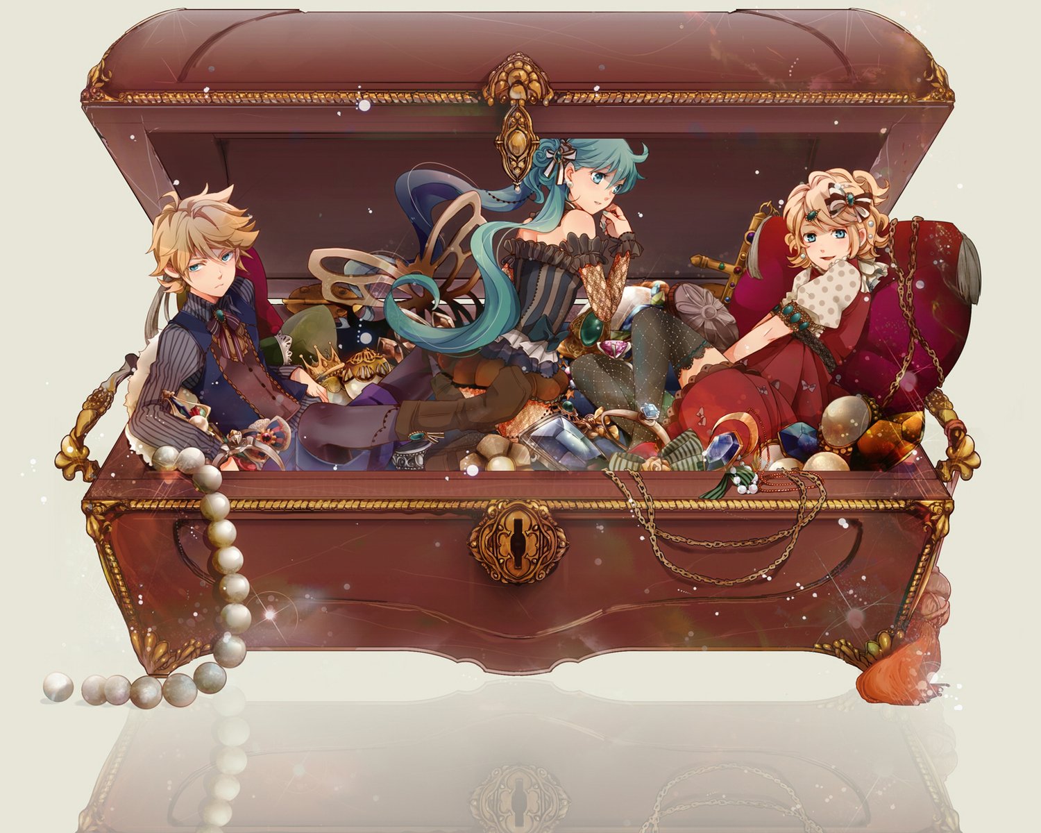 HD PC desktop wallpaper featuring anime-style Vocaloid characters Len Kagamine, Rin Kagamine, and Hatsune Miku inside an ornate treasure chest.