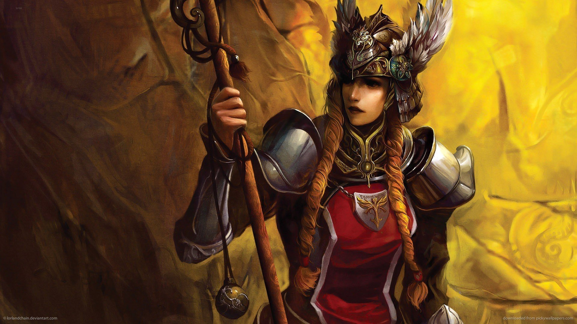 A fierce woman warrior stands tall, adorned in armor with braided hair and a feathered helmet, wielding a staff. This vibrant fantasy art serves as an inspiring HD wallpaper.