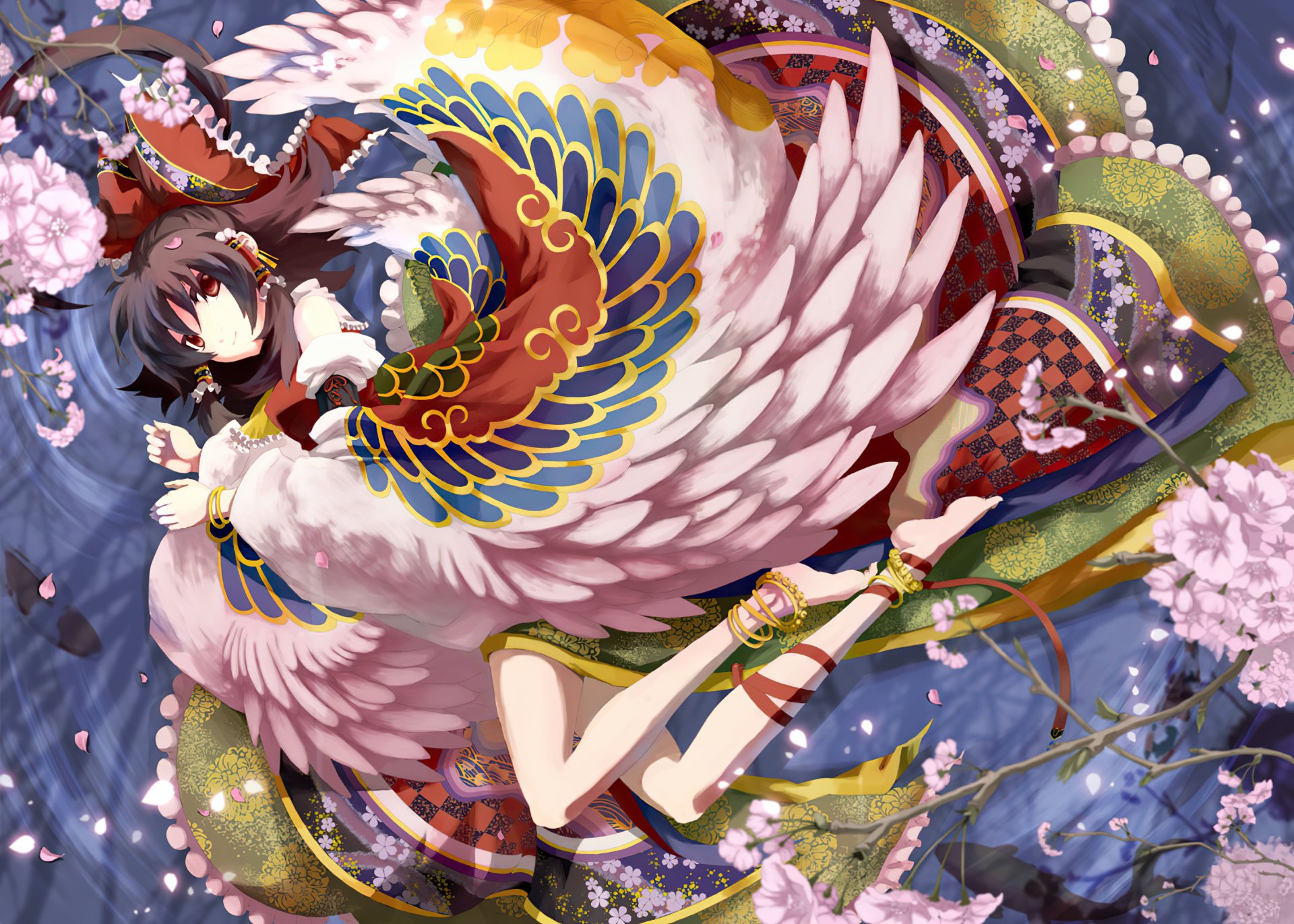 HD anime wallpaper featuring Reimu Hakurei from Touhou with vibrant feathers, flowers, and gypsy-inspired elements in a detailed, colorful background.