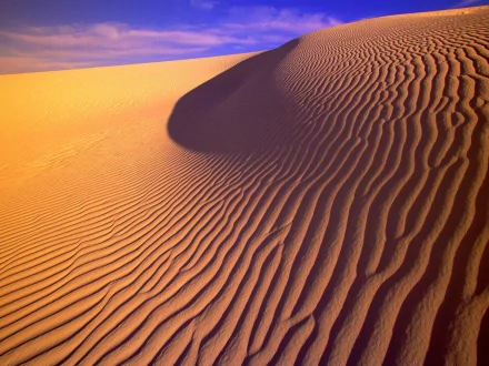 Desert landscape featuring smooth, wavy sand dunes under a vibrant sky. This HD wallpaper captures the serene beauty of nature in a sunlit desert setting.