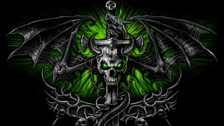 A dark fantasy-themed HD wallpaper featuring a skull with glowing green eyes, surrounded by bat wings and intricate designs, creating a striking and dramatic backdrop.