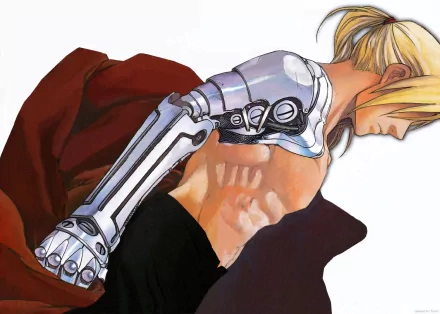 HD anime desktop wallpaper featuring Edward Elric from Fullmetal Alchemist, showcasing his mechanical arm and intense posture against a white background.
