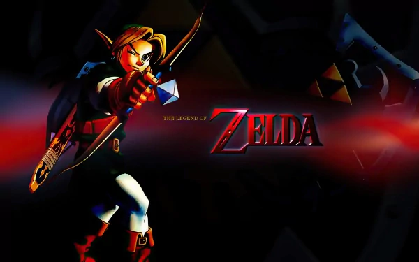 HD PC desktop wallpaper featuring Link from the video game The Legend of Zelda: Ocarina of Time, aiming his bow with the game's logo prominently displayed.