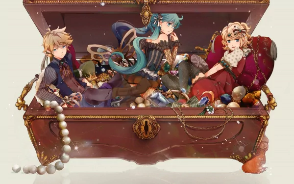 HD PC desktop wallpaper featuring anime-style Vocaloid characters Len Kagamine, Rin Kagamine, and Hatsune Miku inside an ornate treasure chest.