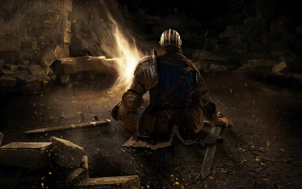 A Dark Souls HD desktop wallpaper featuring a knight sitting by a bonfire amidst a dark, ruined setting.