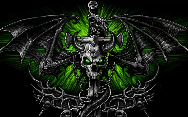 A dark fantasy-themed HD wallpaper featuring a skull with glowing green eyes, surrounded by bat wings and intricate designs, creating a striking and dramatic backdrop.