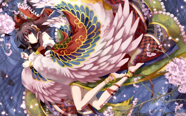 HD anime wallpaper featuring Reimu Hakurei from Touhou with vibrant feathers, flowers, and gypsy-inspired elements in a detailed, colorful background.