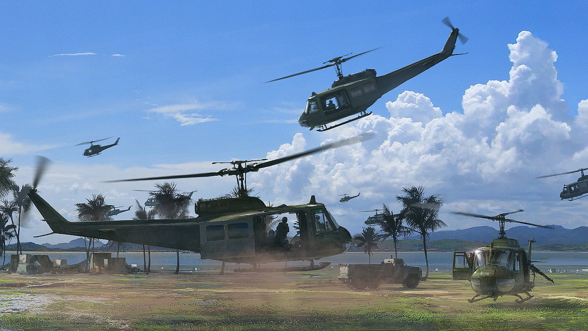 Military helicopter flying over a scenic landscape.