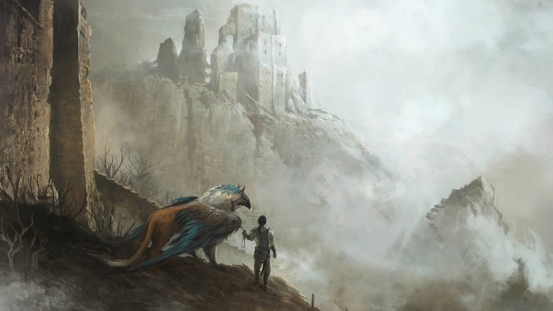 Fantasy griffin soaring through a vibrant sky on a captivating desktop wallpaper.