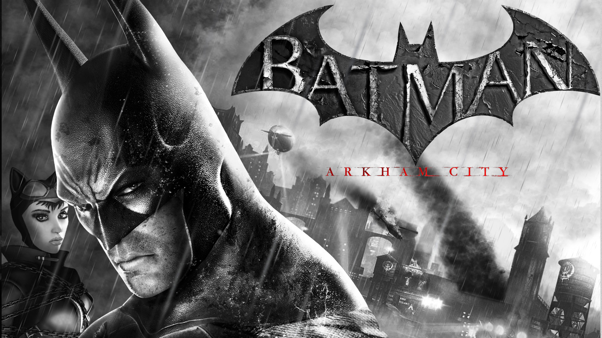 Batman in a dark cityscape, ready to fight crime in the video game Batman: Arkham City.