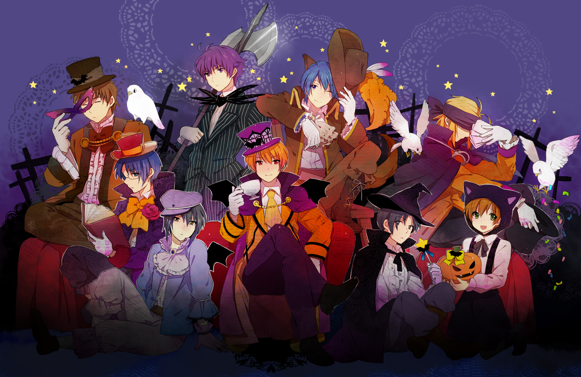 Halloween-themed anime characters gathered together for a group photo