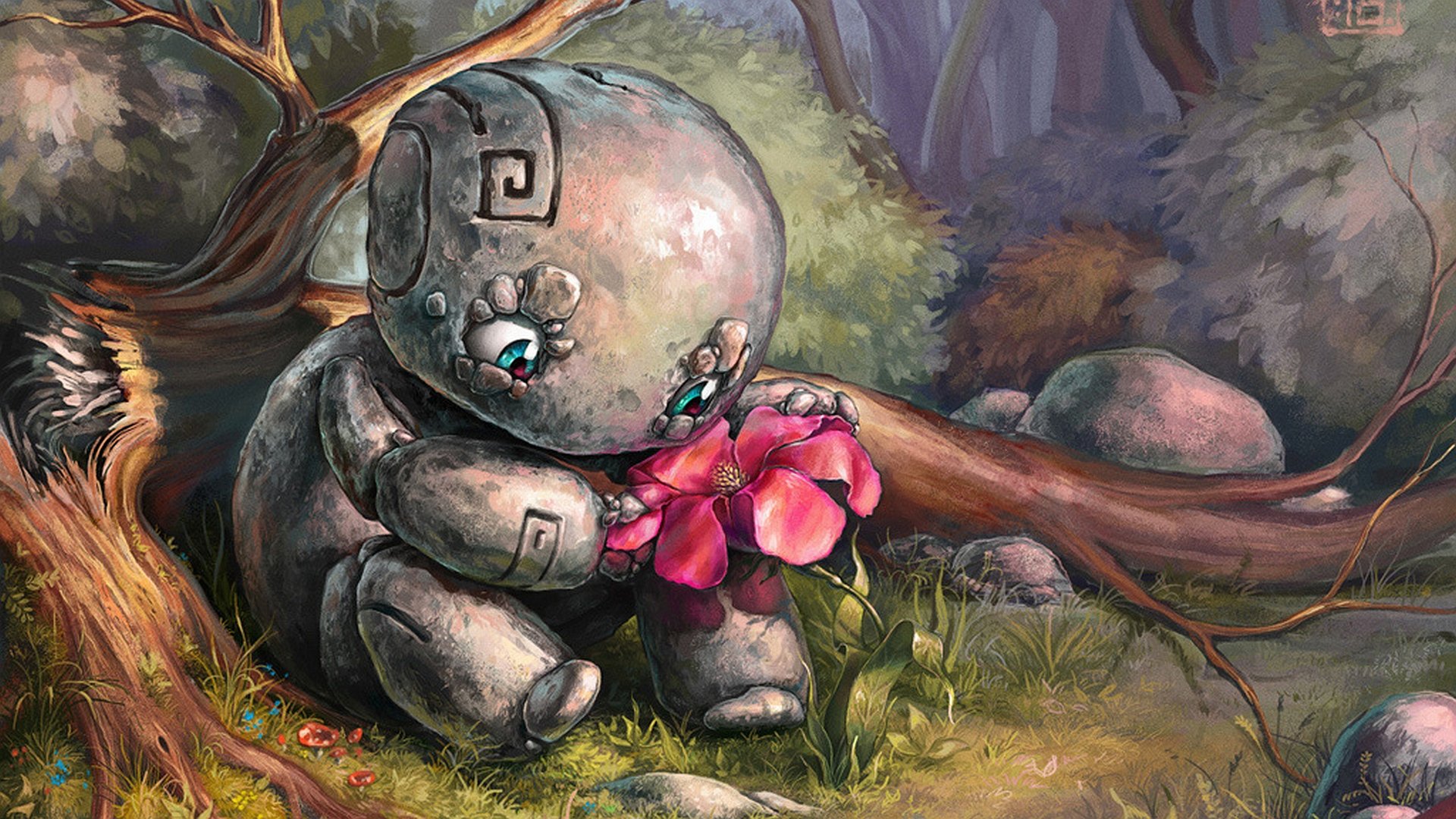 A whimsical creature with a stone-like appearance tenderly holds a vibrant pink flower, surrounded by lush greenery in a serene fantasy setting. This enchanting image makes a captivating HD wallpaper.