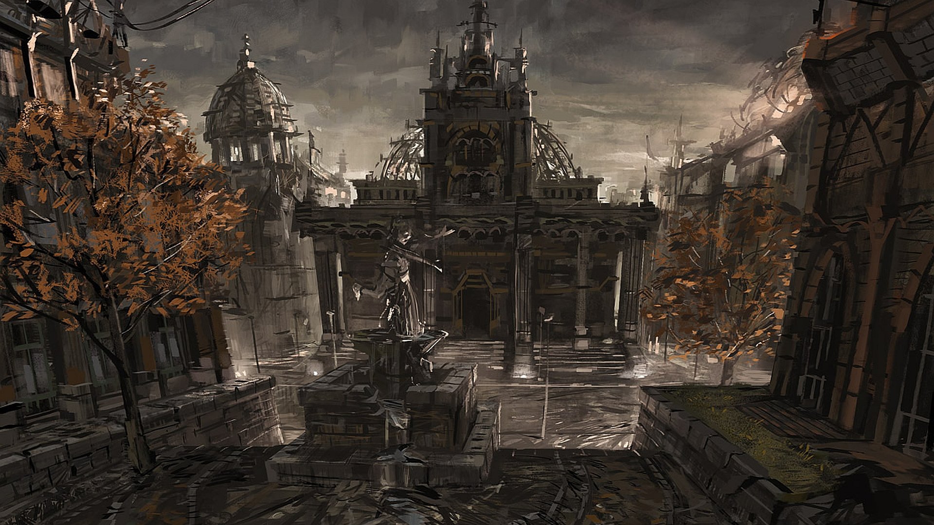 HD PC desktop wallpaper depicting a dark fantasy cityscape with ancient, towering stone buildings under a moody, overcast sky.