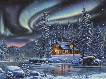 HD desktop wallpaper features an artistic winter scene with a cozy cabin surrounded by snow-covered trees, under the mesmerizing aurora borealis dancing in the night sky.