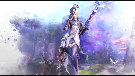 HD PC desktop wallpaper featuring a fantasy character from the video game AION, set against a mystical, colorful landscape backdrop.