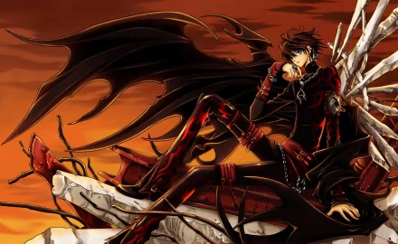 HD PC desktop wallpaper featuring an anime character from Tsubasa: Reservoir Chronicle with dark wings and red-black attire against a fiery orange sky.