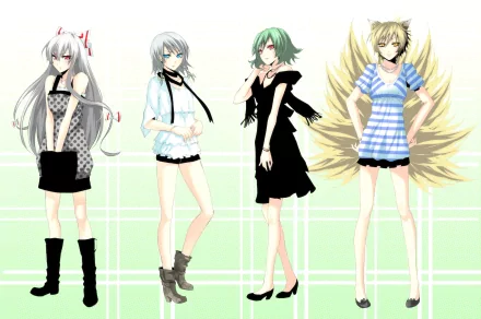 Anime-style HD desktop wallpaper featuring Touhou characters Kanako Yasaka, Sakuya Izayoi, Fujiwara no Mokou, and Ran Yakumo in casual outfits.