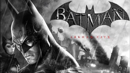 HD wallpaper featuring Batman from the video game Batman: Arkham City, showcasing a dramatic black-and-white design with iconic characters and a moody Gotham backdrop.