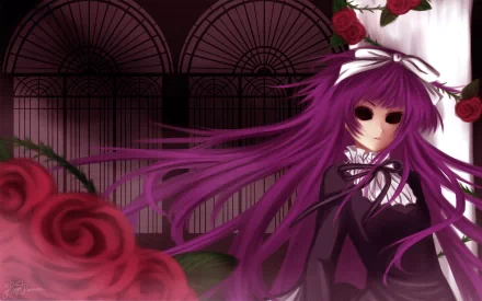 A captivating HD wallpaper featuring Sunako Kirishiki from the anime Shiki, with vivid purple hair, dark eyes, and a backdrop of roses and ornate windows.