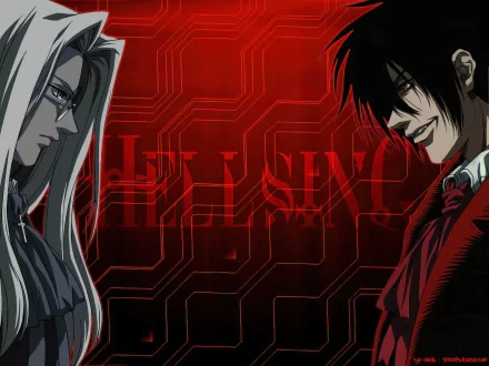 Anime-inspired HD wallpaper featuring Integra Hellsing and Alucard from the Hellsing series, set against a striking red background with a modern digital design.