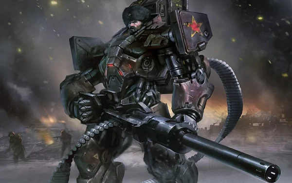 A powerful Russian mecha warrior clad in armor stands ready for battle against a dramatic sci-fi backdrop, showcasing the intense atmosphere of Mental Omega.