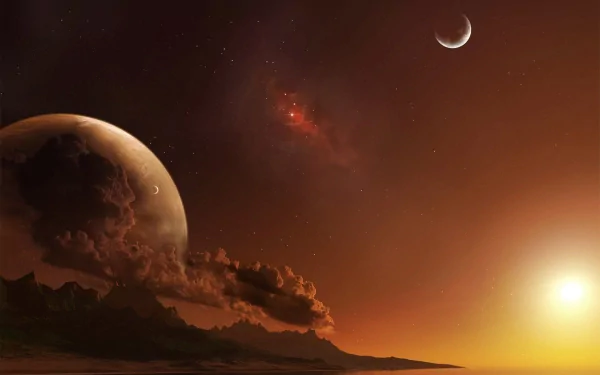 A stunning HD desktop wallpaper featuring a sci-fi scene of a planet rising at sunrise, accompanied by a glowing sun and distant celestial bodies in a vibrant, atmospheric landscape.