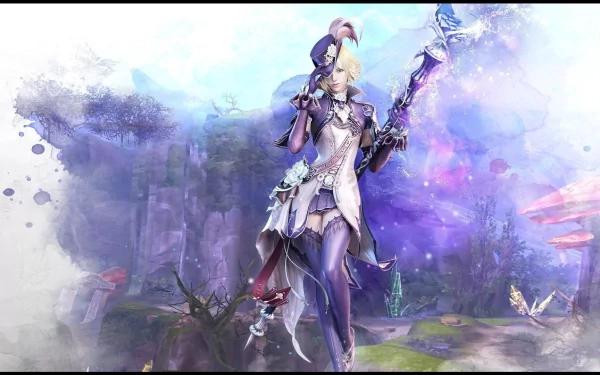 HD PC desktop wallpaper featuring a fantasy character from the video game AION, set against a mystical, colorful landscape backdrop.