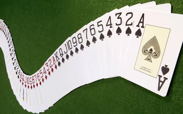 A visually striking HD wallpaper featuring a fanned-out deck of playing cards, showcasing various ranks and a focus on the Ace of Spades against a green background.