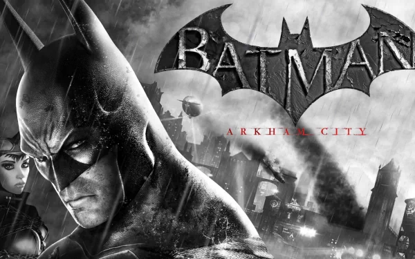HD wallpaper featuring Batman from the video game Batman: Arkham City, showcasing a dramatic black-and-white design with iconic characters and a moody Gotham backdrop.