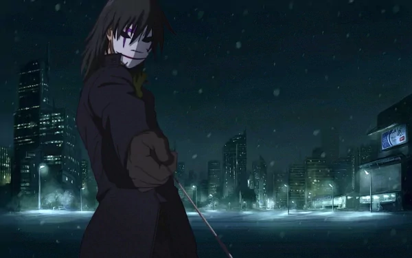 A striking HD wallpaper featuring Hei from Darker than Black, set against a snowy night cityscape, capturing the anime's dark and mysterious atmosphere.